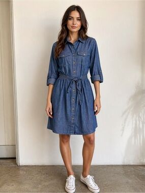 Chambray Button-Front Tie-Waist Mini Dress in Blue